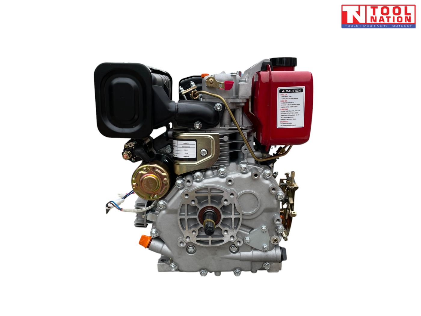Side view of a red, black and silver diesel engine showing the output shaft, black exhaust cover, red fuel tank, wiring and Tool Nation logo.