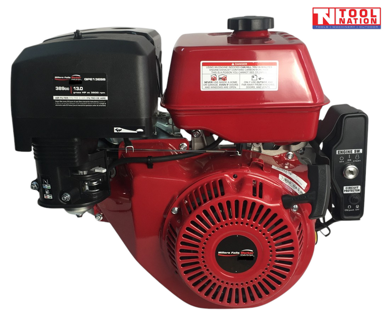 Red petrol engine shown from the side with black air filter cover, red fuel tank, recoil housing, key switch panel and Tool Nation logo.