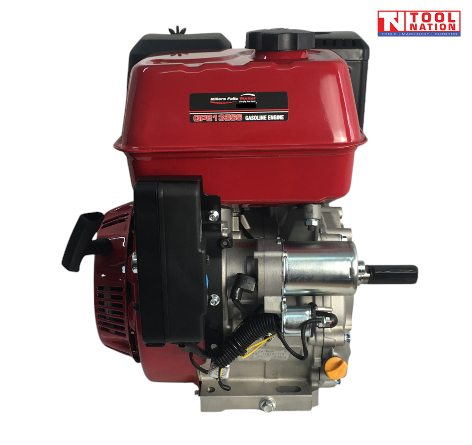 Red, black and silver petrol engine shown from the shaft side with red fuel tank, output shaft, black housing, wiring and Tool Nation logo.