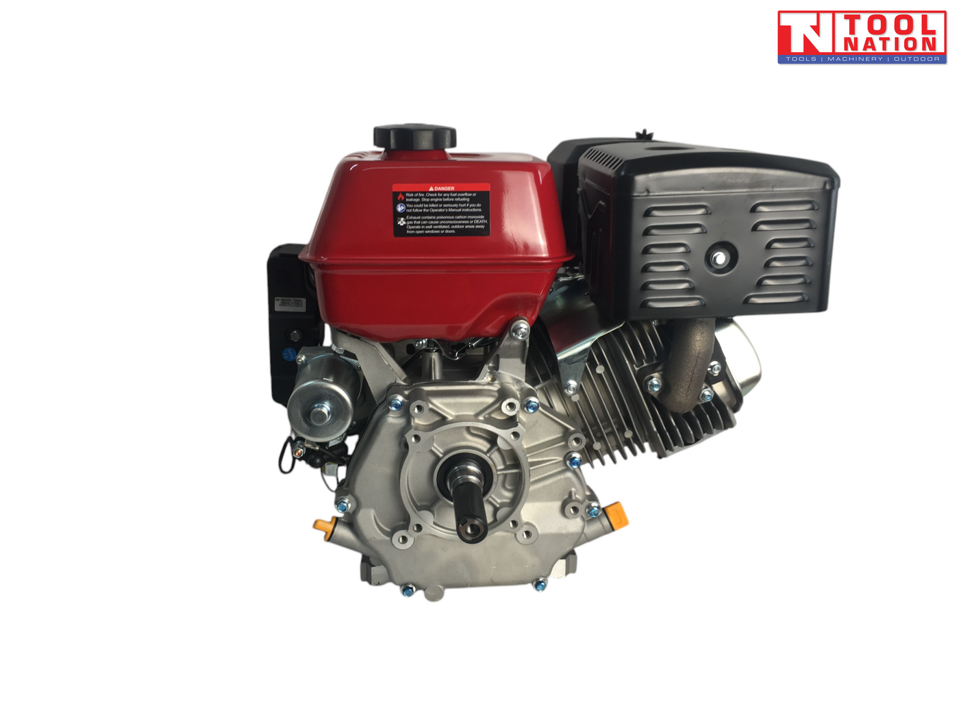Red, black and silver petrol engine shown from the shaft side with red fuel tank, output shaft, black exhaust cover and Tool Nation logo.