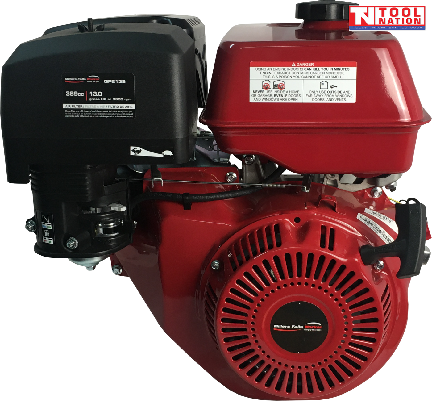 Red petrol engine shown from the recoil side with a black air filter cover, red fuel tank, pull handle, warning labels and Tool Nation logo.