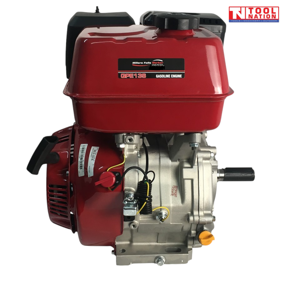 Red, black and silver petrol engine shown from the shaft side with red fuel tank, output shaft, wiring, orange cap and Tool Nation logo.