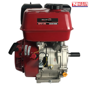 Red, black and silver petrol engine shown from the shaft side with red fuel tank, output shaft, wiring, orange cap and Tool Nation logo.