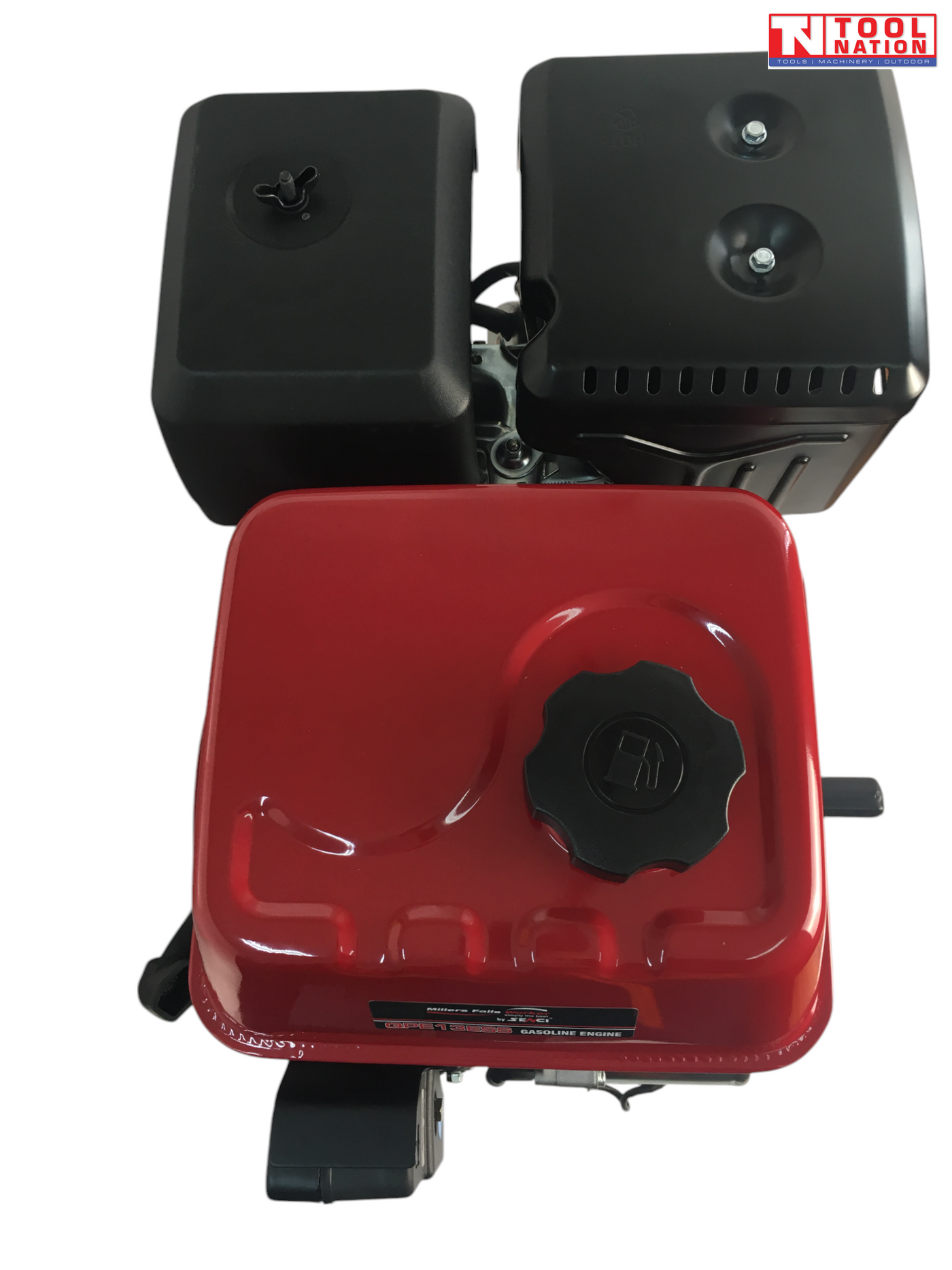 Top view of a petrol engine showing the red fuel tank, black cap, black air filter cover, black exhaust cover and Tool Nation logo.
