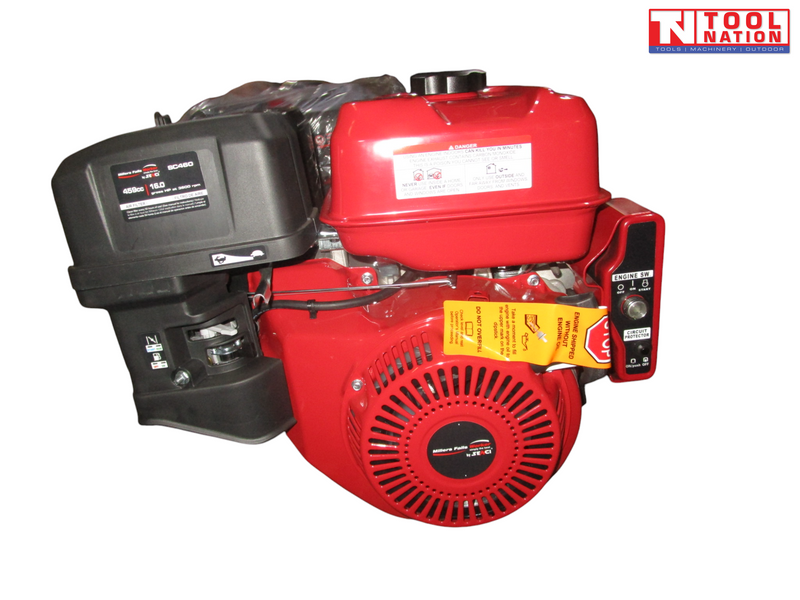Red petrol engine shown from the recoil side with black air filter cover, red fuel tank, key switch panel, yellow tags and warning labels.