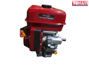 Red and silver petrol engine shown from the shaft side with red fuel tank, black recoil housing, output shaft and yellow cap visible.