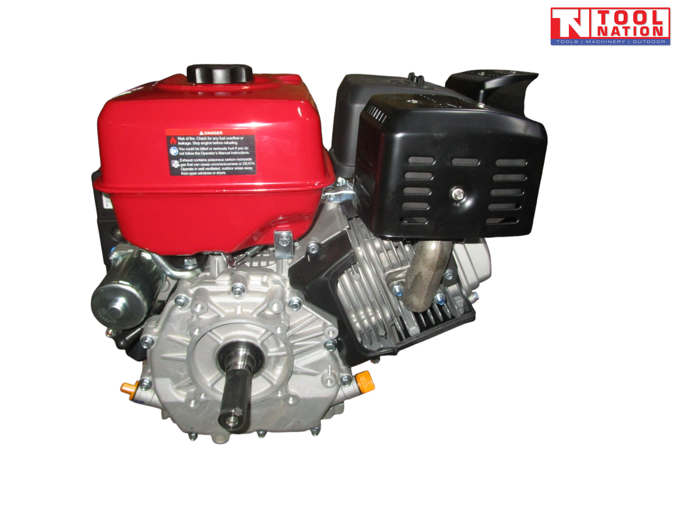 Red, black and silver petrol engine shown from the shaft side with red fuel tank, output shaft, black exhaust cover and warning label.