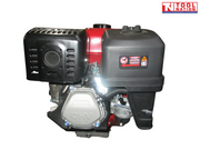 Side view of a petrol engine showing a black exhaust cover, black air filter cover, silver engine housing and red fuel tank.