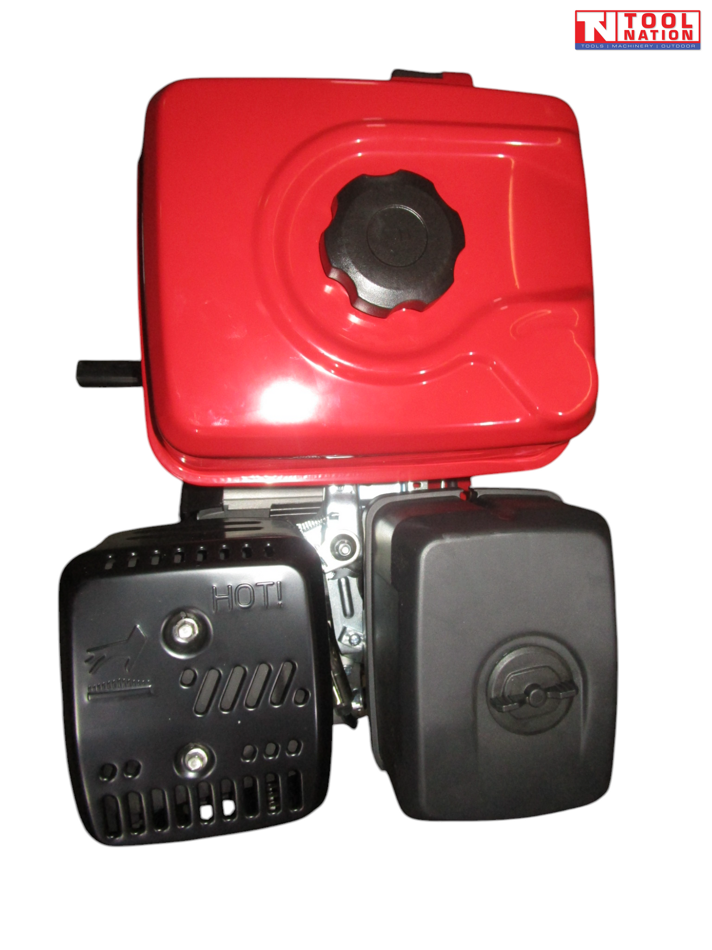Top view of a petrol engine showing the red fuel tank with black cap, black exhaust cover and black air filter cover.