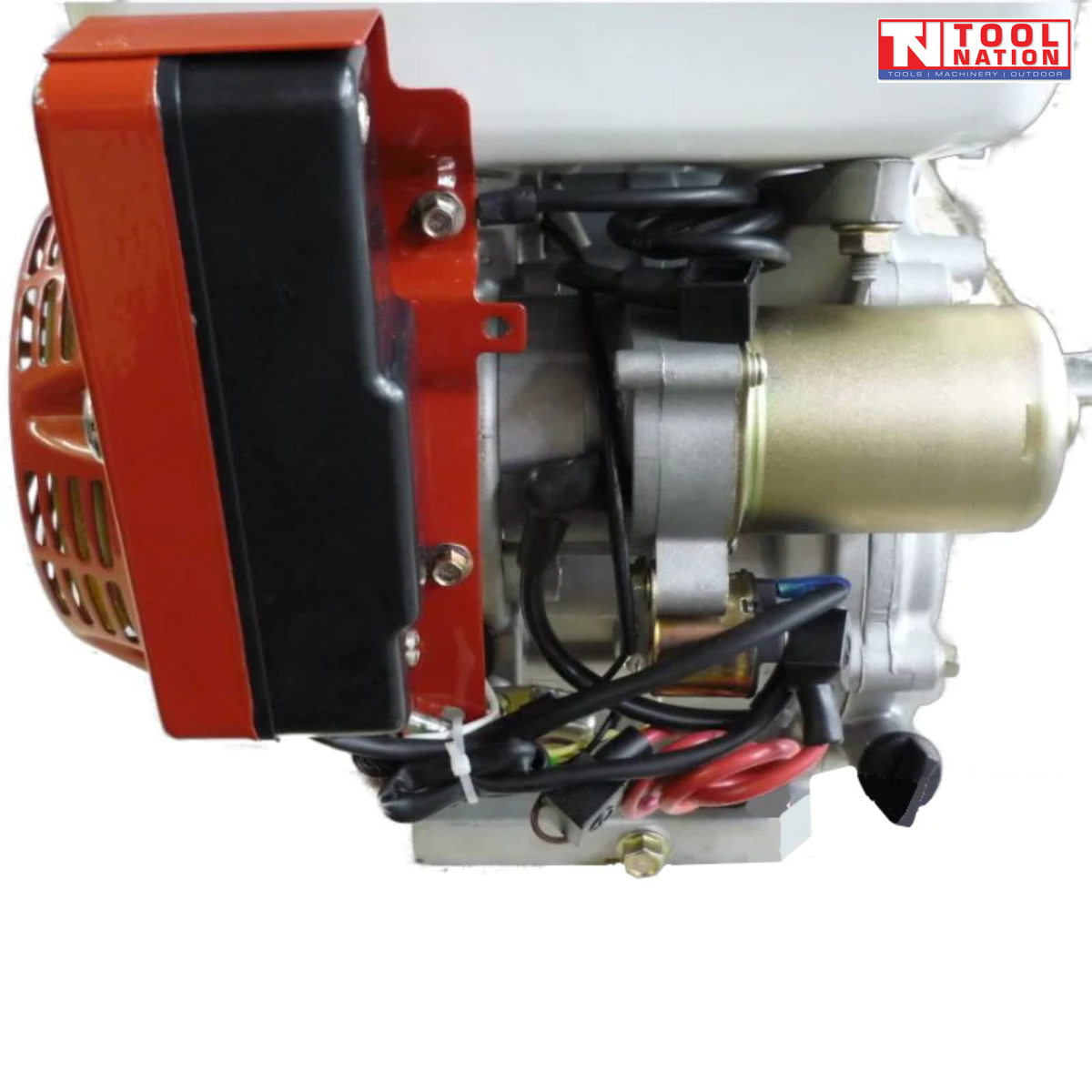 Close-up side view of a petrol engine showing wiring, starter motor, recoil housing edge, white fuel tank underside and silver engine housing.