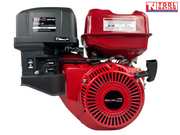 Red petrol engine shown from the recoil side with a black air filter cover, red fuel tank, pull handle, warning labels and Tool Nation logo.
