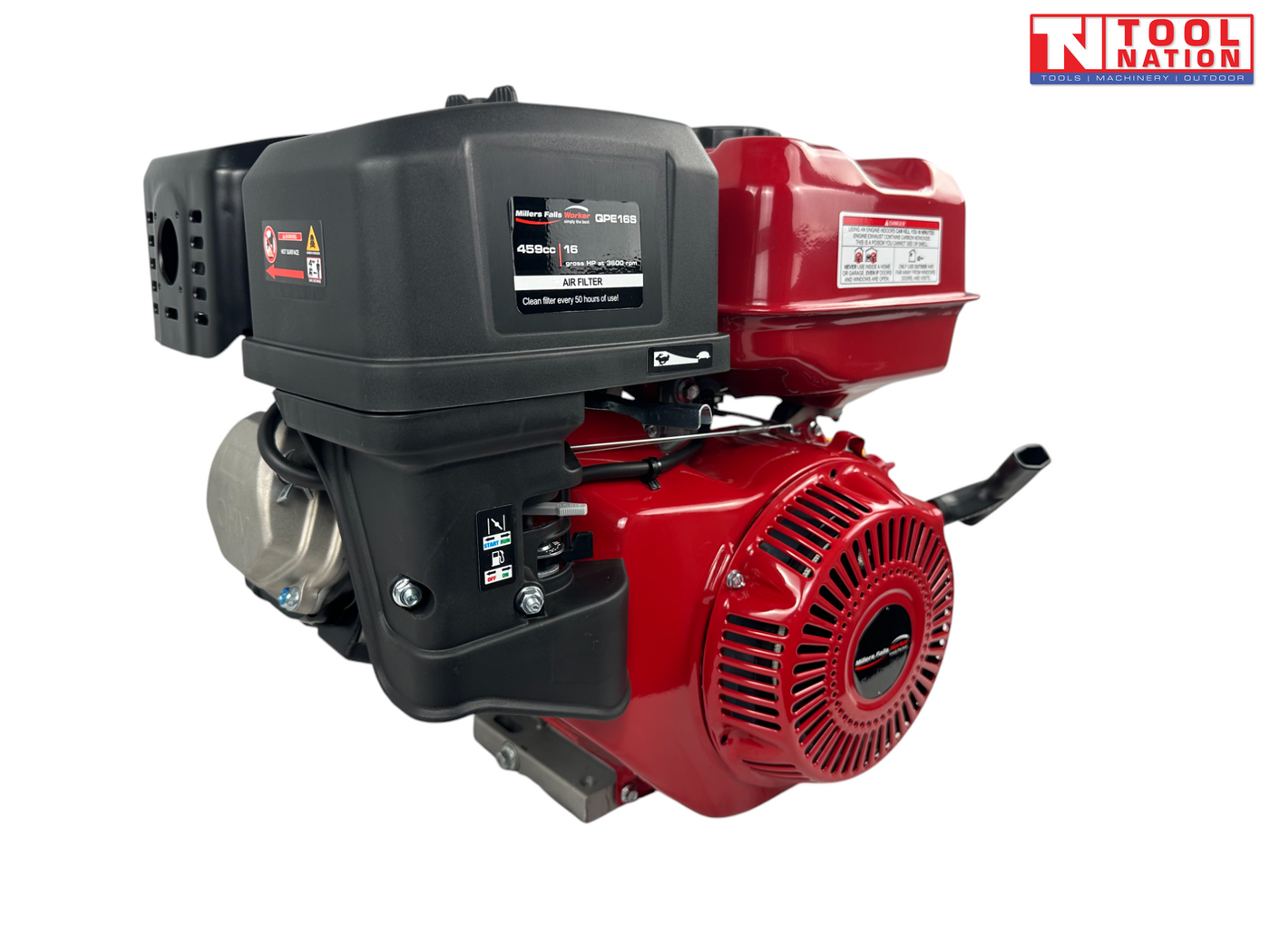 Red petrol engine shown at an angle with a black air filter cover, red fuel tank, recoil housing, warning labels and Tool Nation logo.
