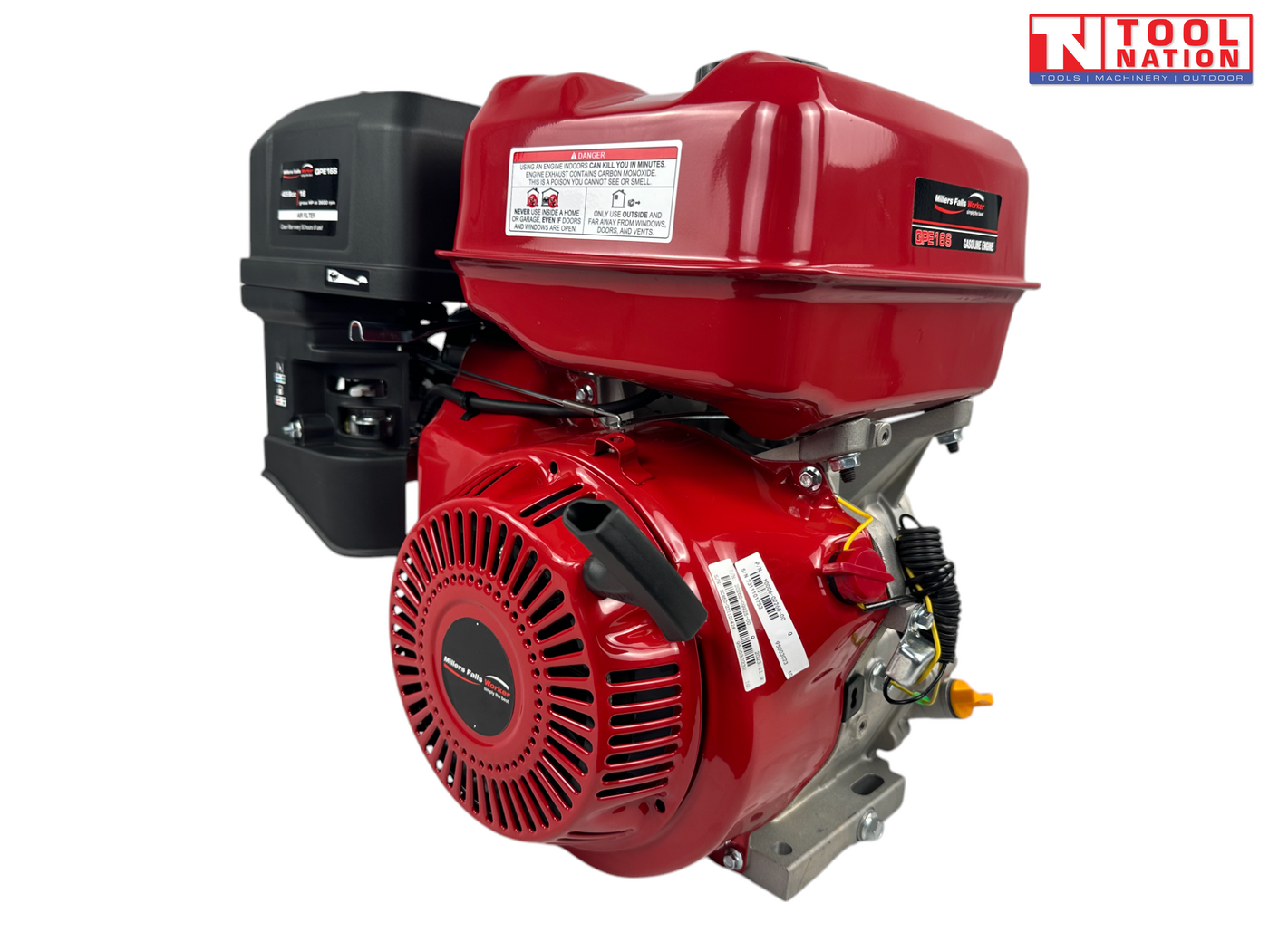 Red petrol engine shown at an angle with the red fuel tank, recoil housing, black air filter cover, pull handle, wiring and Tool Nation logo.
