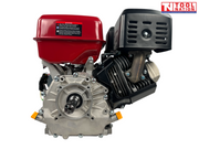 Red, black and silver petrol engine shown from the shaft side with output shaft, red fuel tank, black exhaust cover, warning label and Tool Nation logo.
