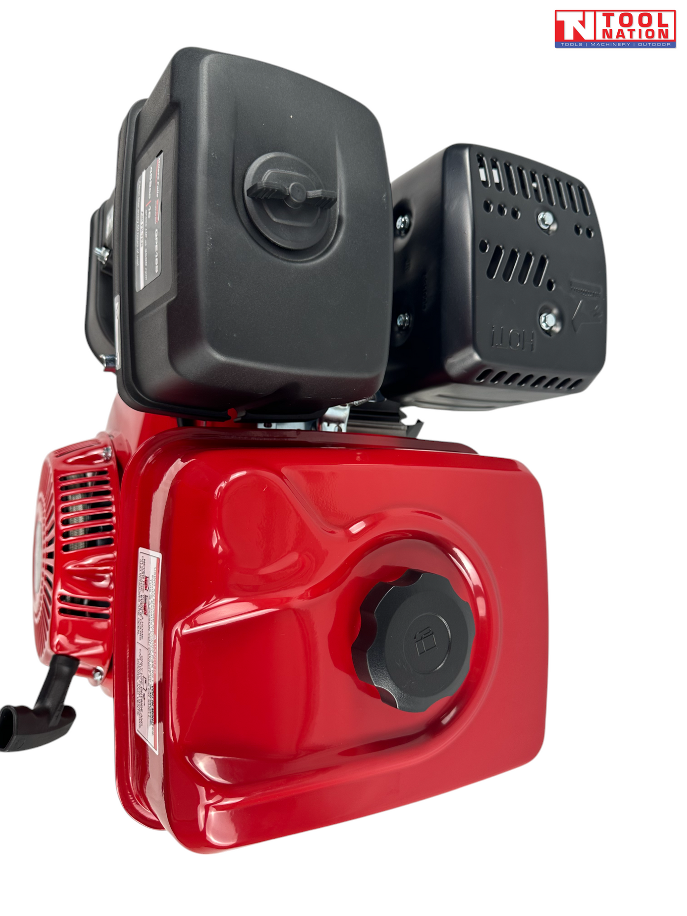 Close top view of a red petrol engine showing the red fuel tank with black cap, black air filter cover, black exhaust cover and Tool Nation logo.