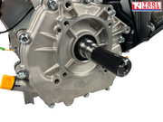 Red, black and silver petrol engine shown from the shaft side with output shaft, red fuel tank, black exhaust cover, warning label and Tool Nation logo.