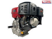 Red, black and silver petrol engine shown from the shaft side with output shaft, red fuel tank, black exhaust cover, warning label and Tool Nation logo.