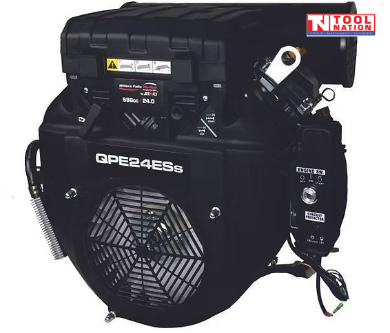 Black petrol engine shown from the front side with large fan grille, black top housing, engine switch panel, wiring and Tool Nation logo.