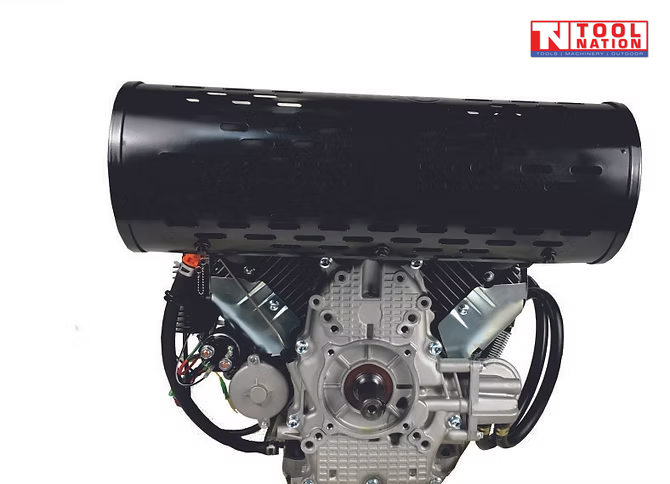 Black and silver petrol engine shown from the shaft side with large black exhaust cover, output shaft, wiring and Tool Nation logo.