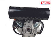 Black and silver petrol engine shown from the shaft side with large black exhaust cover, output shaft, wiring and Tool Nation logo.
