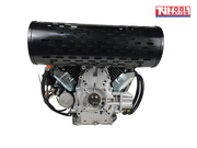 Black and silver petrol engine shown from the shaft side with large black exhaust cover, output shaft, wiring and Tool Nation logo.