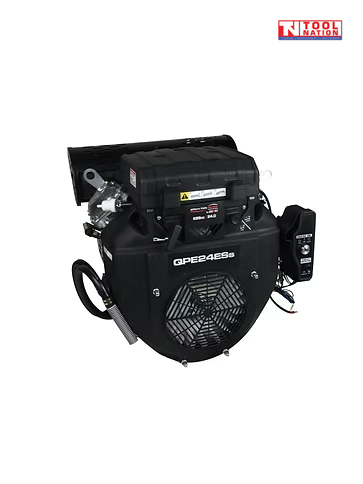 Black petrol engine shown at an angle with large fan grille, black top housing, engine switch panel, wiring and Tool Nation logo.