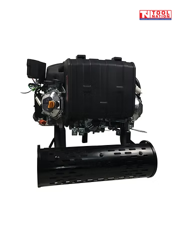 Top view of a black petrol engine showing the black top housing, large exhaust cover, wiring, frame supports and Tool Nation logo.