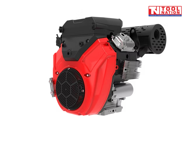 Red and black petrol engine shown at an angle with a front fan grille, black top housing, black exhaust cover, silver cylinder fins and Tool Nation logo.