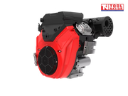 Red and black petrol engine shown at an angle with a front fan grille, black top housing, black exhaust cover, silver cylinder fins and Tool Nation logo.