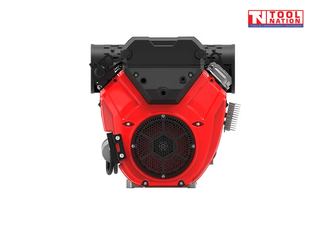 Front view of a red and black petrol engine with a large circular fan grille, black top housing, black side covers and Tool Nation logo.