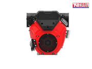 Front view of a red and black petrol engine with a large circular fan grille, black top housing, black side covers and Tool Nation logo.