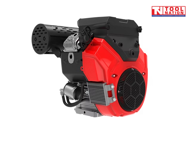 Red and black petrol engine shown at an angle with a front fan grille, black top housing, black exhaust cover, silver cylinder fins and Tool Nation logo.