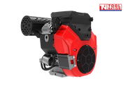 Red and black petrol engine shown at an angle with a front fan grille, black top housing, black exhaust cover, silver cylinder fins and Tool Nation logo.