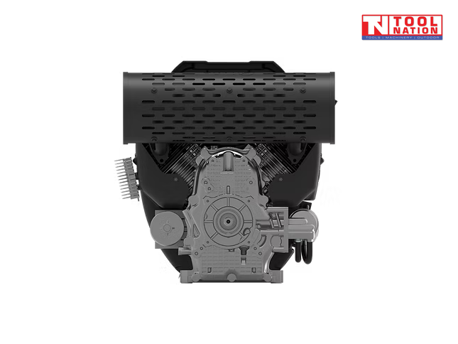 Rear view of a black and silver petrol engine showing a large black exhaust cover, silver engine housing, cylinder fins and Tool Nation logo.