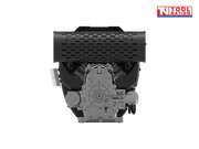 Rear view of a black and silver petrol engine showing a large black exhaust cover, silver engine housing, cylinder fins and Tool Nation logo.