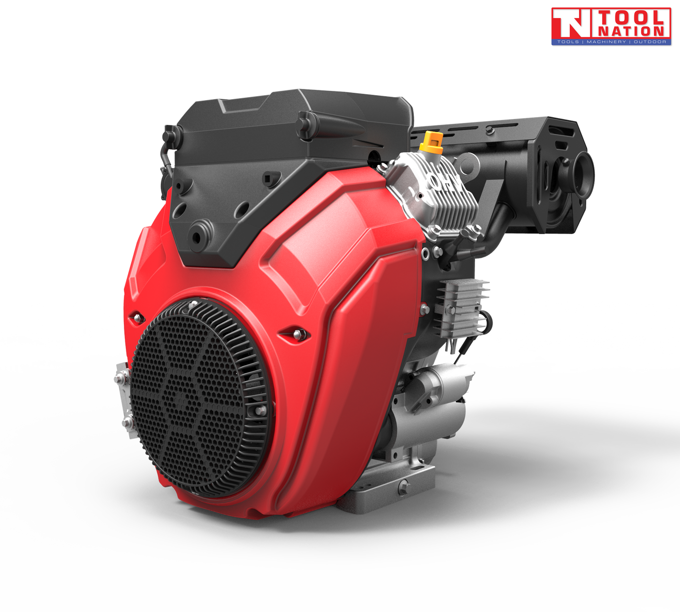 Red and black petrol engine shown at an angle with a front fan grille, black top housing, black exhaust cover, silver cylinder fins and Tool Nation logo.