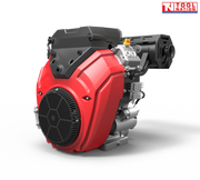 Red and black petrol engine shown at an angle with a front fan grille, black top housing, black exhaust cover, silver cylinder fins and Tool Nation logo.