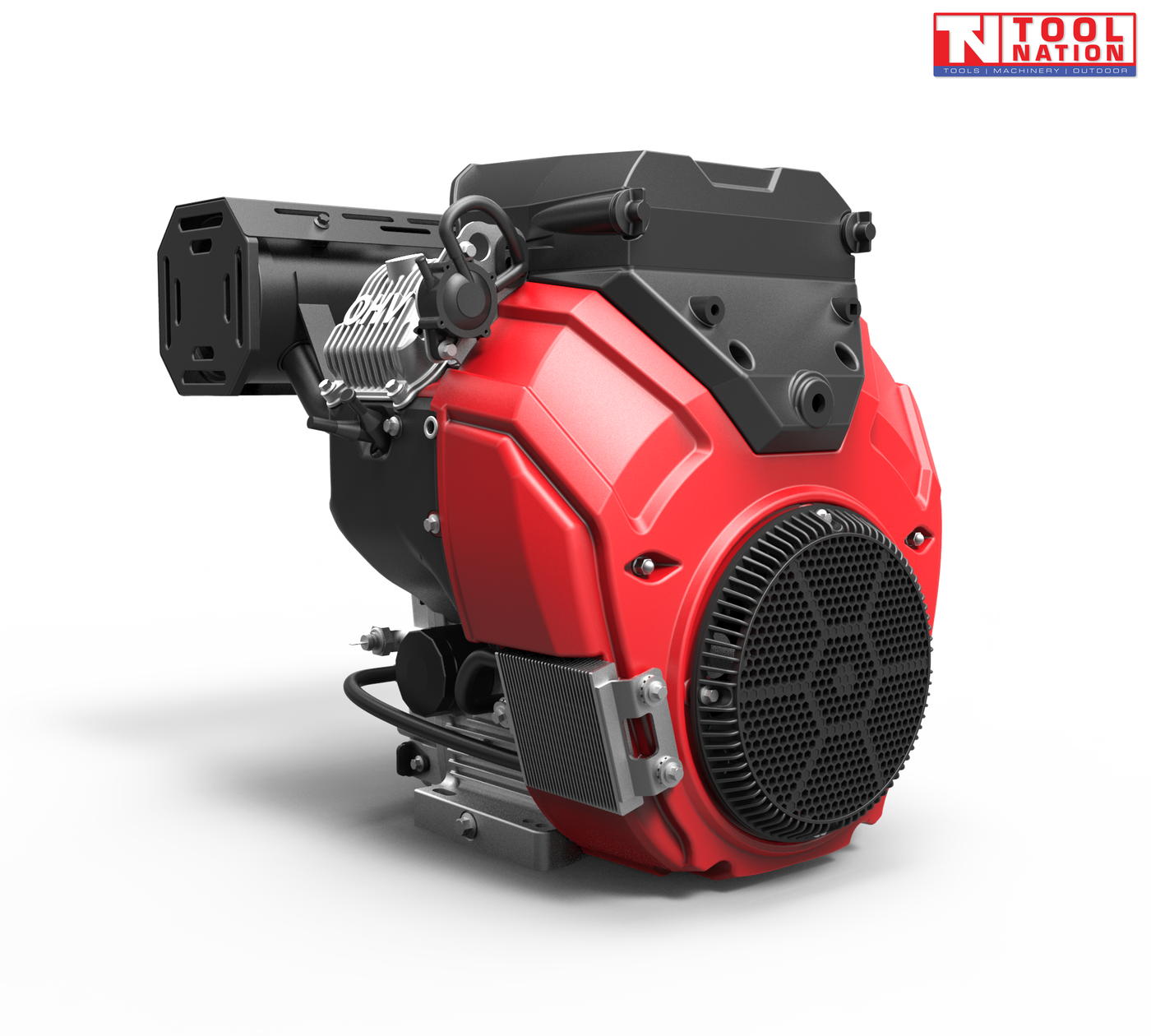 Red and black petrol engine shown at an angle with a front fan grille, black top housing, black exhaust cover, silver cylinder fins and Tool Nation logo.