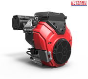 Red and black petrol engine shown at an angle with a front fan grille, black top housing, black exhaust cover, silver cylinder fins and Tool Nation logo.