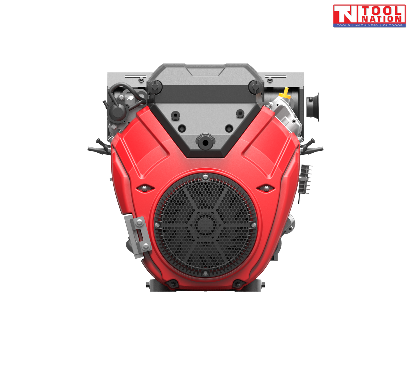 Front view of a red and black petrol engine with a large circular fan grille, black top housing, black exhaust cover and Tool Nation logo.