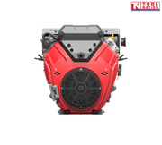 Front view of a red and black petrol engine with a large circular fan grille, black top housing, black exhaust cover and Tool Nation logo.