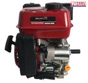 Red and silver petrol engine shown from the shaft side with red fuel tank, output shaft, pull handle, starter motor, wiring and Tool Nation logo.