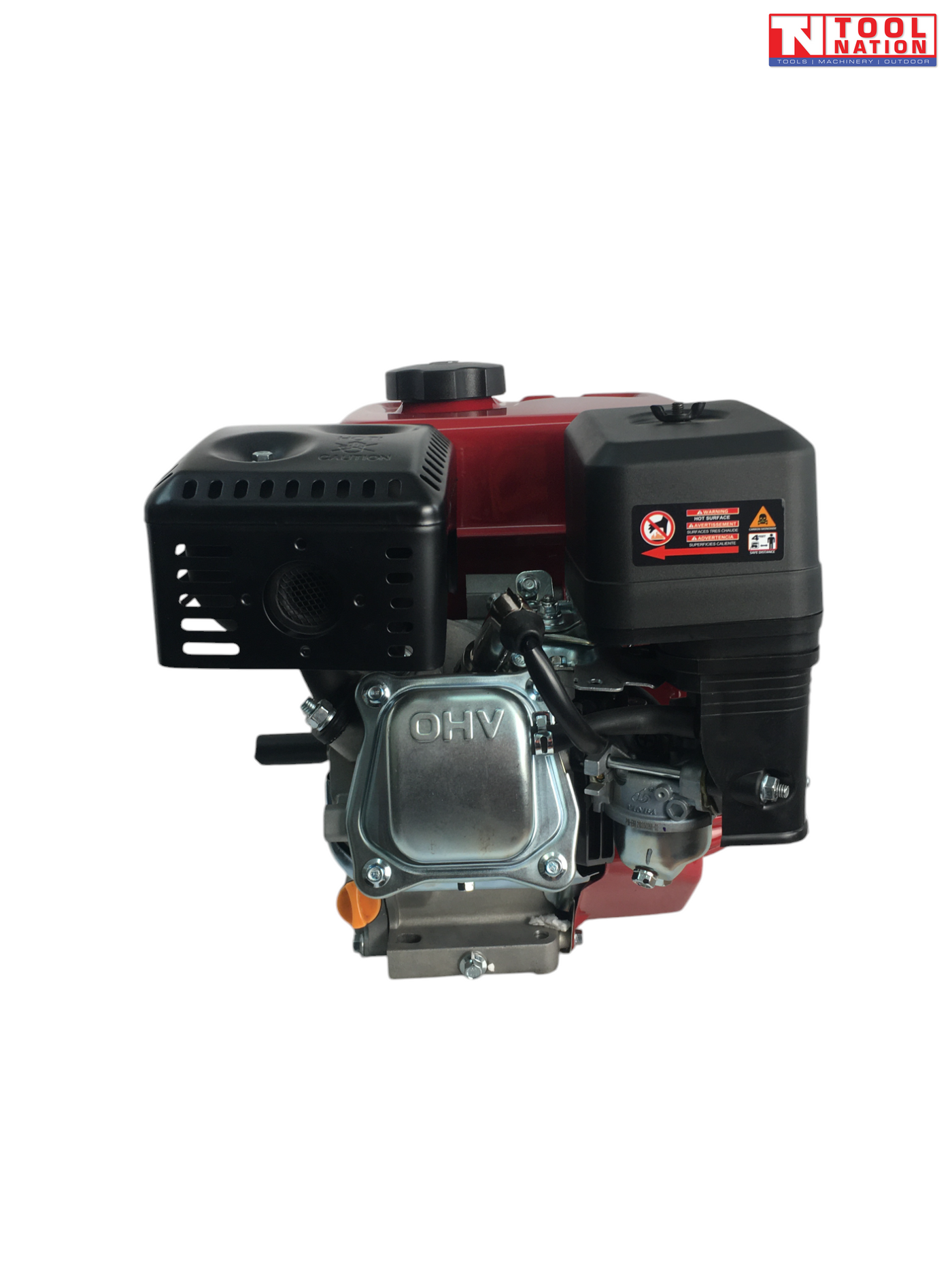 Rear view of a red, black and silver petrol engine showing black exhaust cover, black air filter cover, silver OHV cover and Tool Nation logo.
