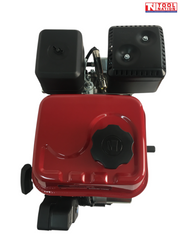 Top view of a red petrol engine showing the fuel tank with black cap, black air filter cover, black exhaust cover and Tool Nation logo.