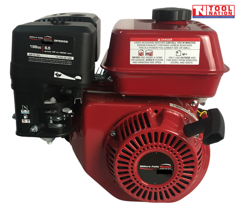 Red petrol engine shown from the recoil side with black air filter cover, red fuel tank, pull handle, warning labels and Tool Nation logo.