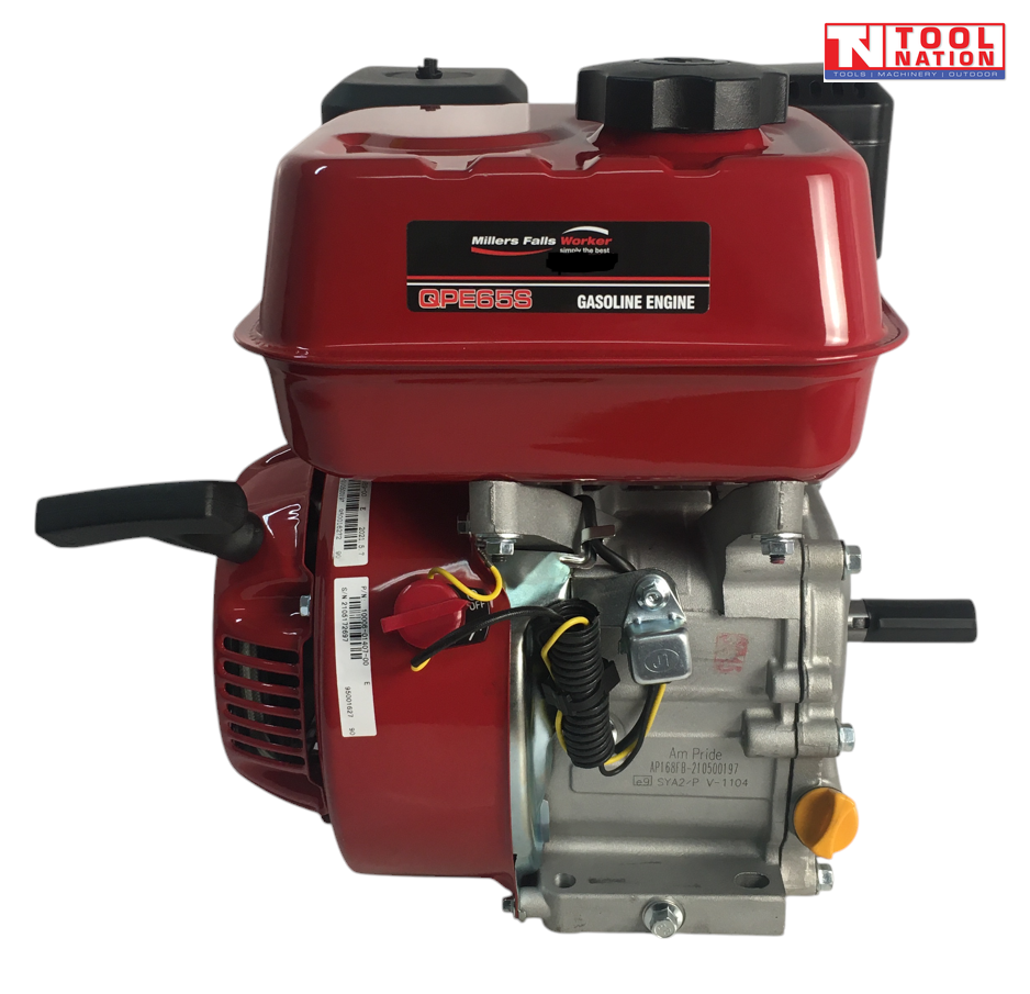 Red and silver petrol engine shown from the shaft side with red fuel tank, output shaft, pull handle, wiring and Tool Nation logo.