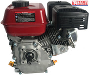 Red and silver petrol engine shown from the shaft side with red fuel tank, output shaft, black exhaust cover, black air filter cover and Tool Nation logo.