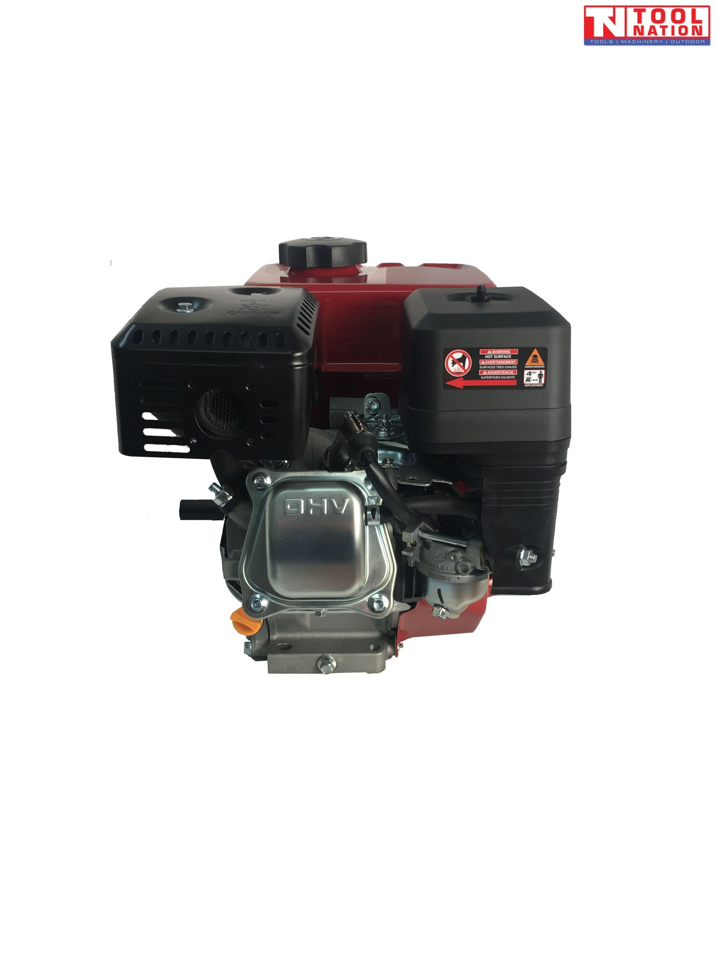 Rear view of a red, black and silver petrol engine showing black exhaust cover, black air filter cover, silver OHV cover and Tool Nation logo.
