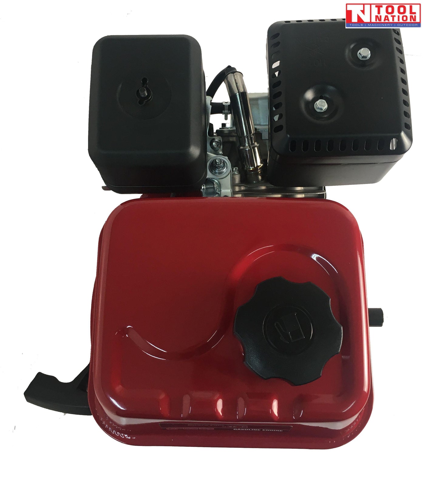Top view of a red petrol engine showing the fuel tank with black cap, black air filter cover, black exhaust cover and Tool Nation logo.