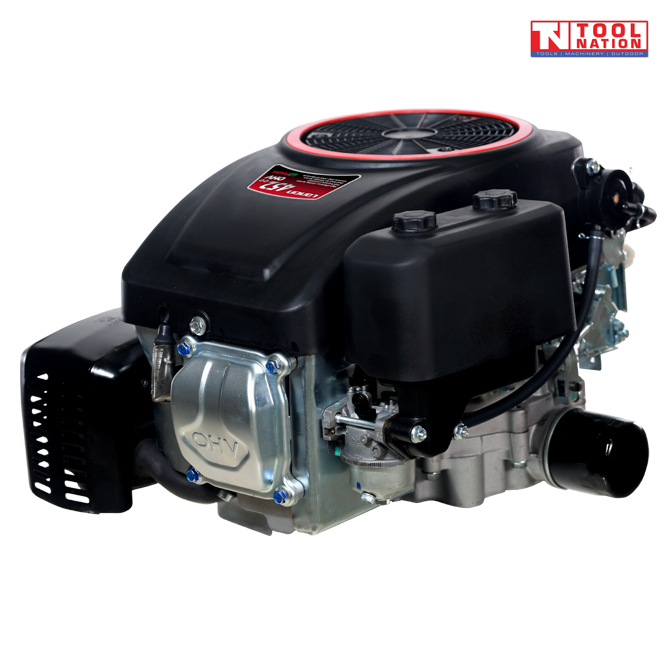 Black and silver petrol engine shown at an angle with a top fan grille, black fuel tank, black exhaust cover, silver engine housing and visible hoses.
